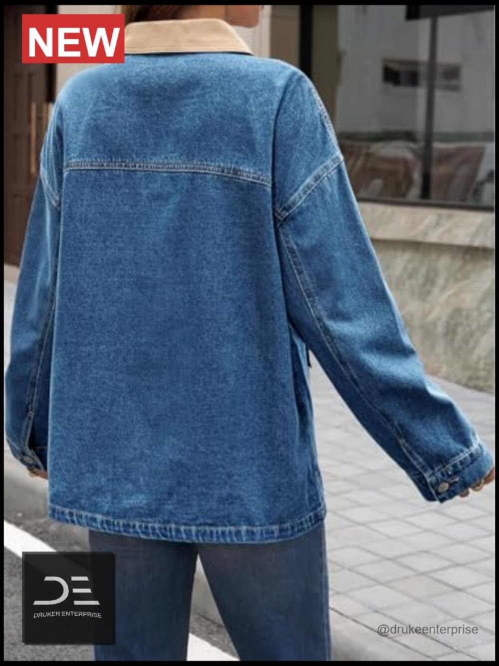 Oversized Denim Jacket with Contrast Canvas Collar - Picture 2 of 6
